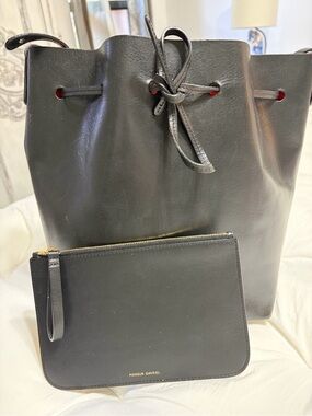 Mansur Gavriel Black Leather Drawstring Tote with Removable Black Pouch